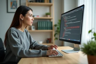 Développeuse web analysant un formulaire HTML avec messages de validation côté client sur un écran d'ordinateur