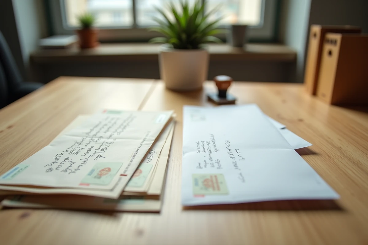 Vue rapprochée d'un bureau montrant la différence entre courriers reçus et courriers à envoyer