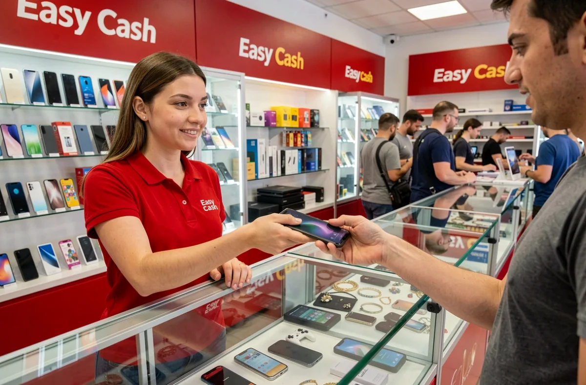 Employée Easy Cash Rouen remettant un smartphone reconditionné à un client au comptoir vitré