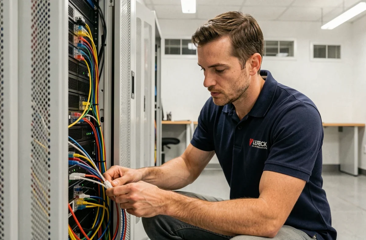 Technicien Easy Service Informatique configurant un rack de serveurs dans une salle des serveurs PME