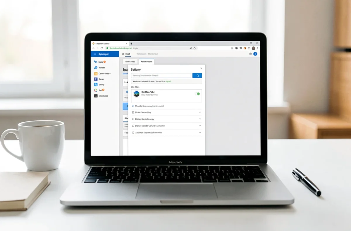 Écran d'ordinateur portable affichant les réglages de filtrage anti-spam d'un service webmail