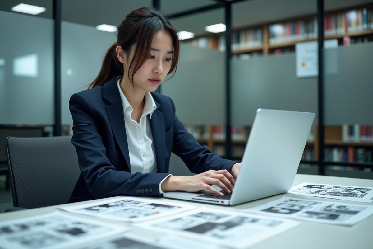 Éditrice de manga dans un bureau professionnel examinant des pages imprimées face à un ordinateur portable