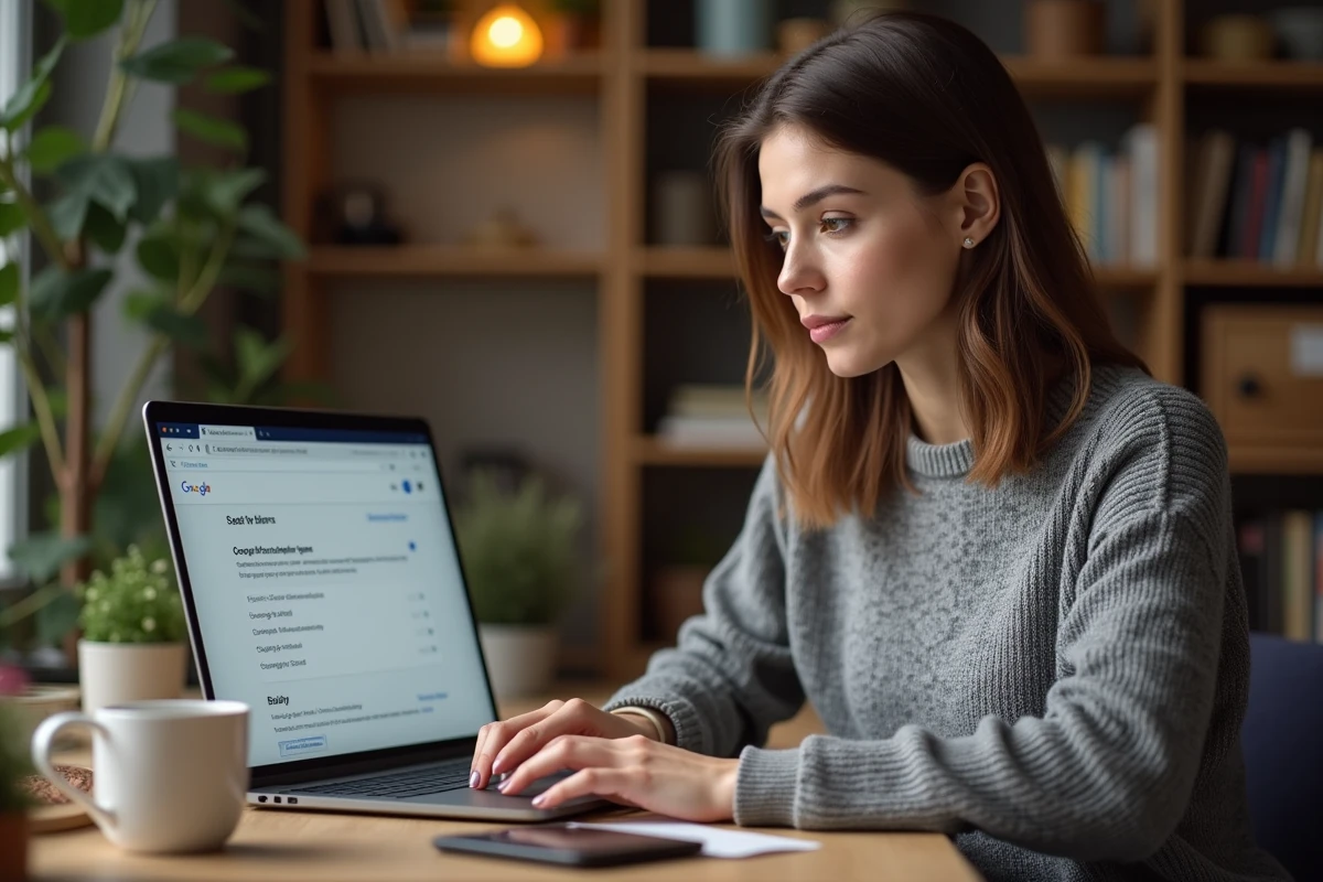 Femme consultant les paramètres d'historique Google sur un ordinateur portable dans un bureau à domicile