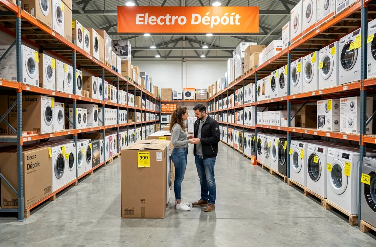 Couple comparant des électroménagers reconditionnés dans le rayon de l'Electro Dépôt de Mondeville