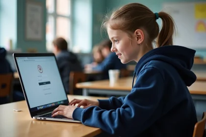 Élève connectée à l'ENT Paris Classe Numérique sur un ordinateur portable en salle de classe