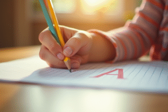 Main d'enfant tenant un crayon coloré en train d'écrire la lettre A