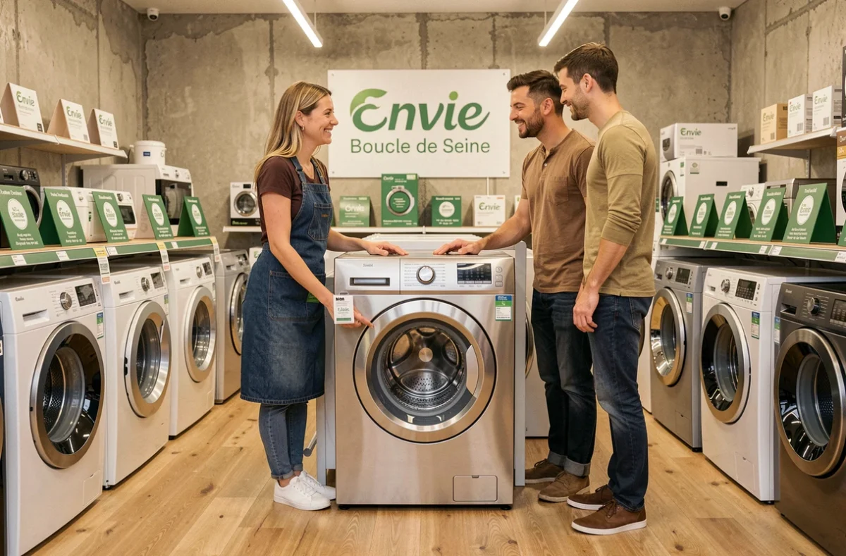 Vendeuse Envie Boucle de Seine présentant un lave-linge reconditionné à des clients dans la boutique