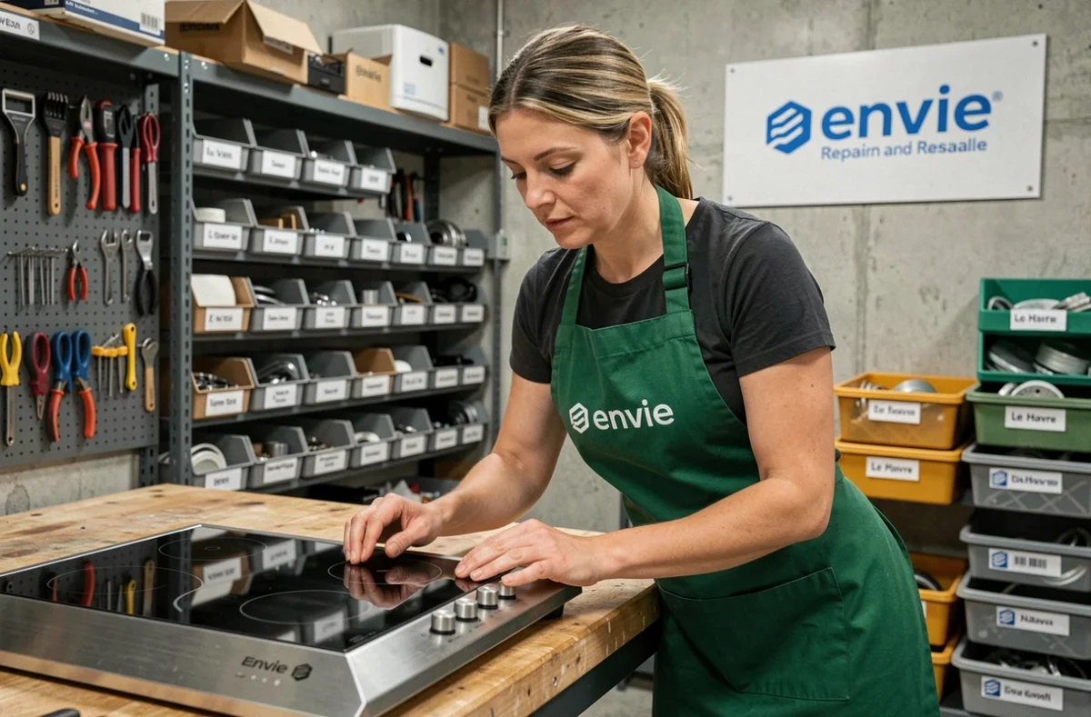 Technicienne Envie Le Havre testant une plaque de cuisson reconditionnée dans l'atelier de réparation