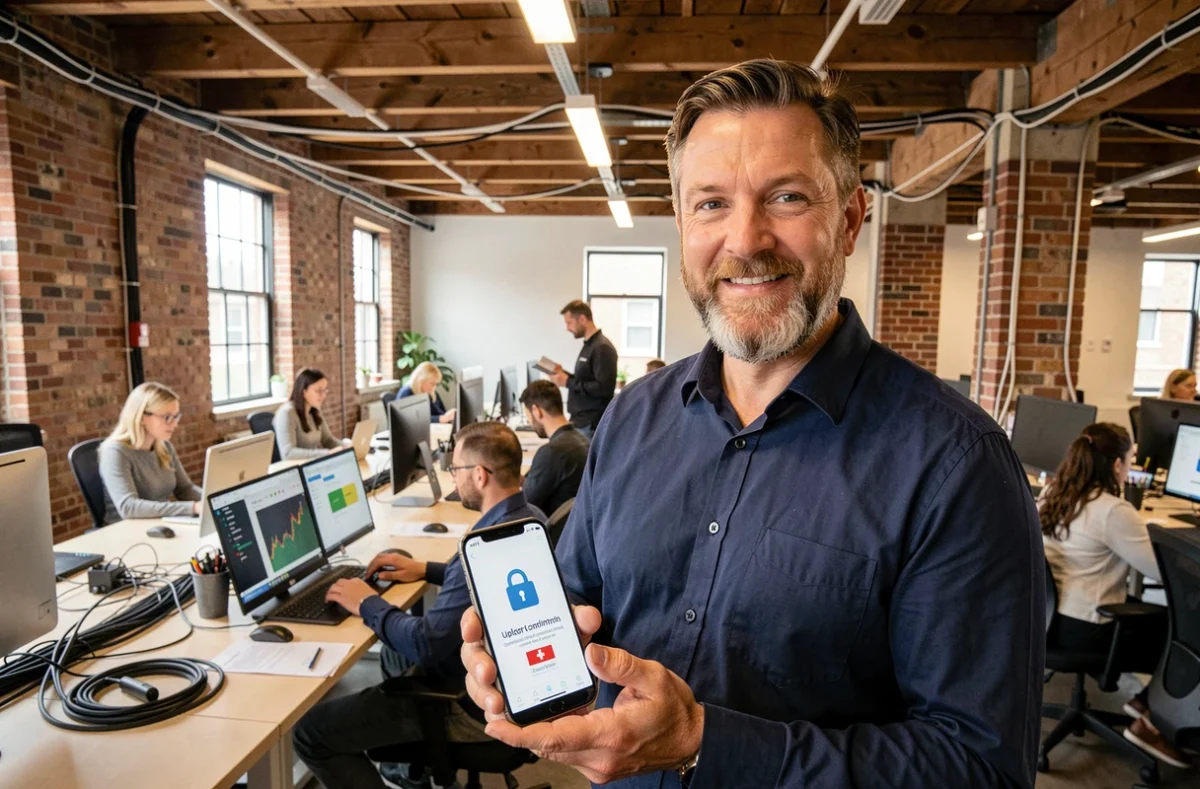 Homme utilisant SwissTransfer sur smartphone dans un espace de coworking pour envoyer des fichiers volumineux en toute sécurité