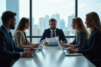 Groupe de professionnels en réunion dans un bureau moderne