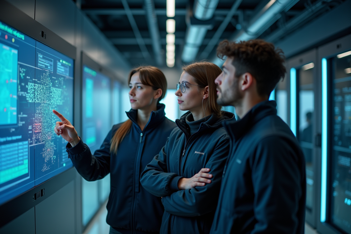 Equipe de jeunes analystes cybersécurité autour d’un écran tactile