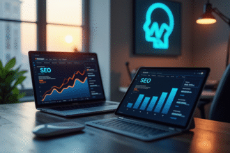 Espace de travail moderne avec graphique et logo AI lumineux