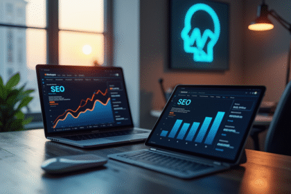 Espace de travail moderne avec graphique et logo AI lumineux
