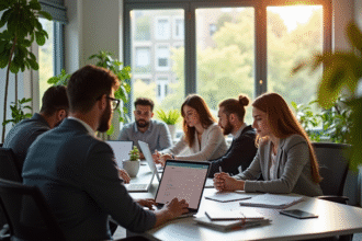 Espace de travail moderne avec équipe diverse en réunion