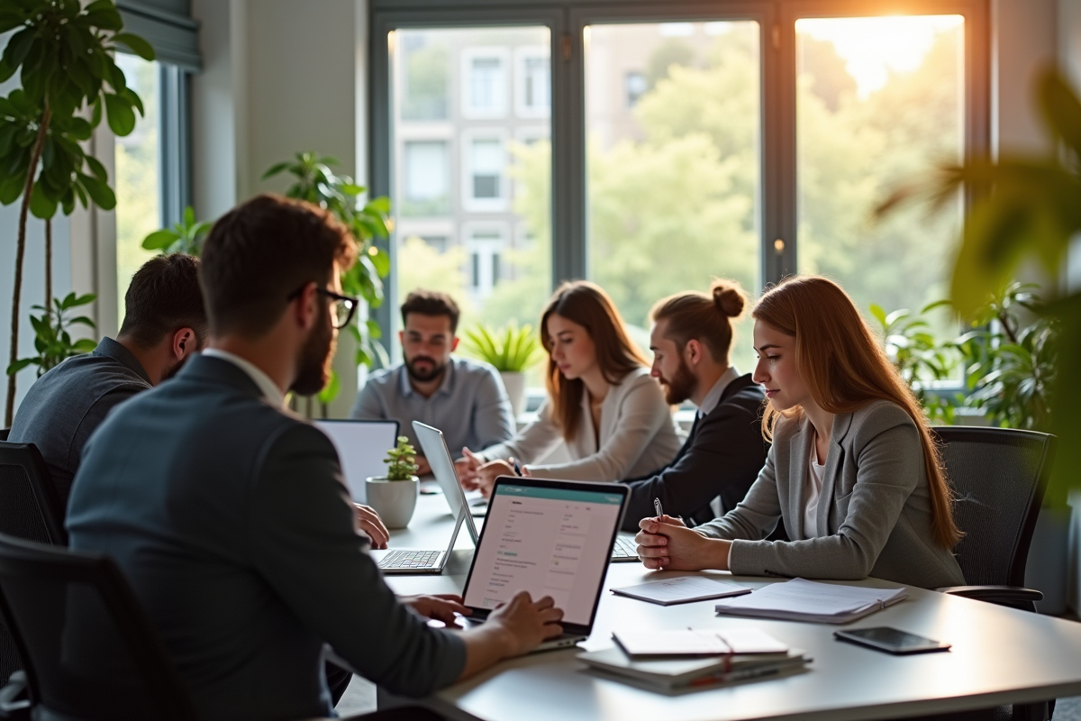 Espace de travail moderne avec équipe diverse en réunion