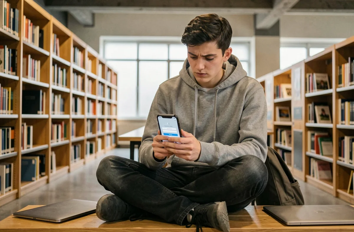 Étudiant consultant son smartphone avec un message d'erreur d'accès au webmail dans une bibliothèque universitaire française