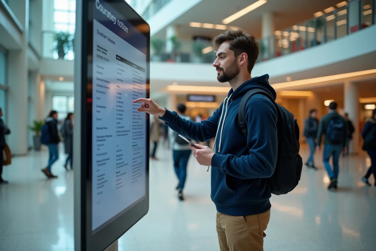 Étudiant homme vérifiant son emploi du temps sur un panneau numérique dans un atrium universitaire