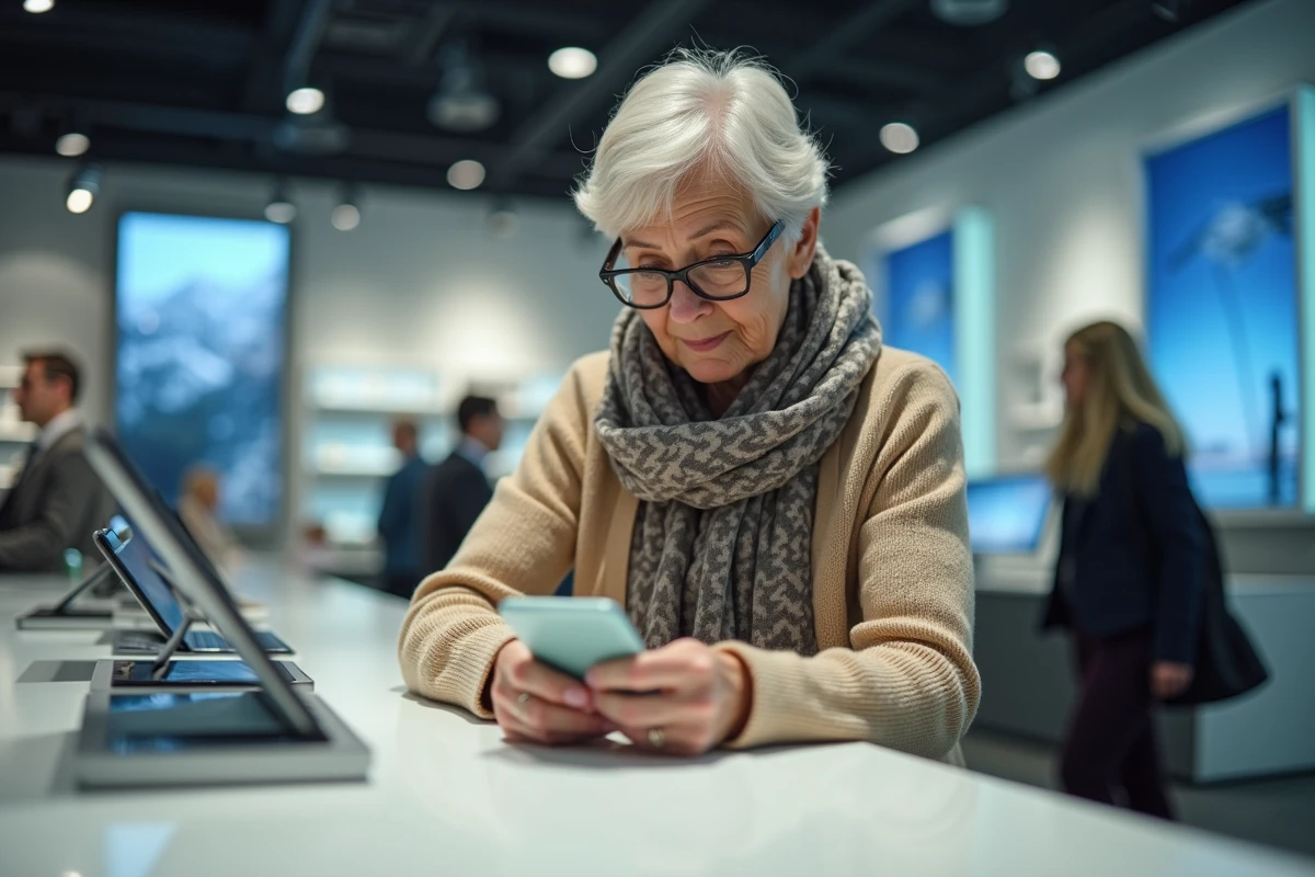 Femme âgée explorant un smartphone dans un magasin moderne