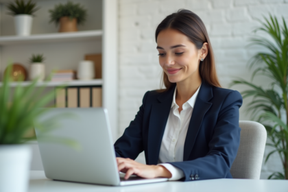 Femme d'affaires souriante travaillant sur son ordinateur dans un bureau moderne