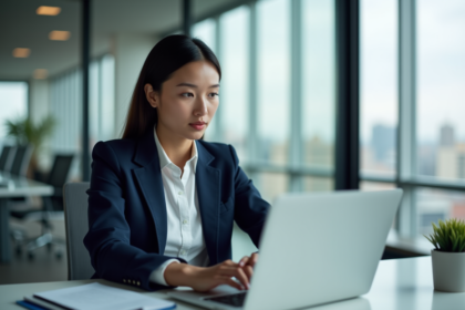 Jeune femme professionnelle analysant un tableau SEO