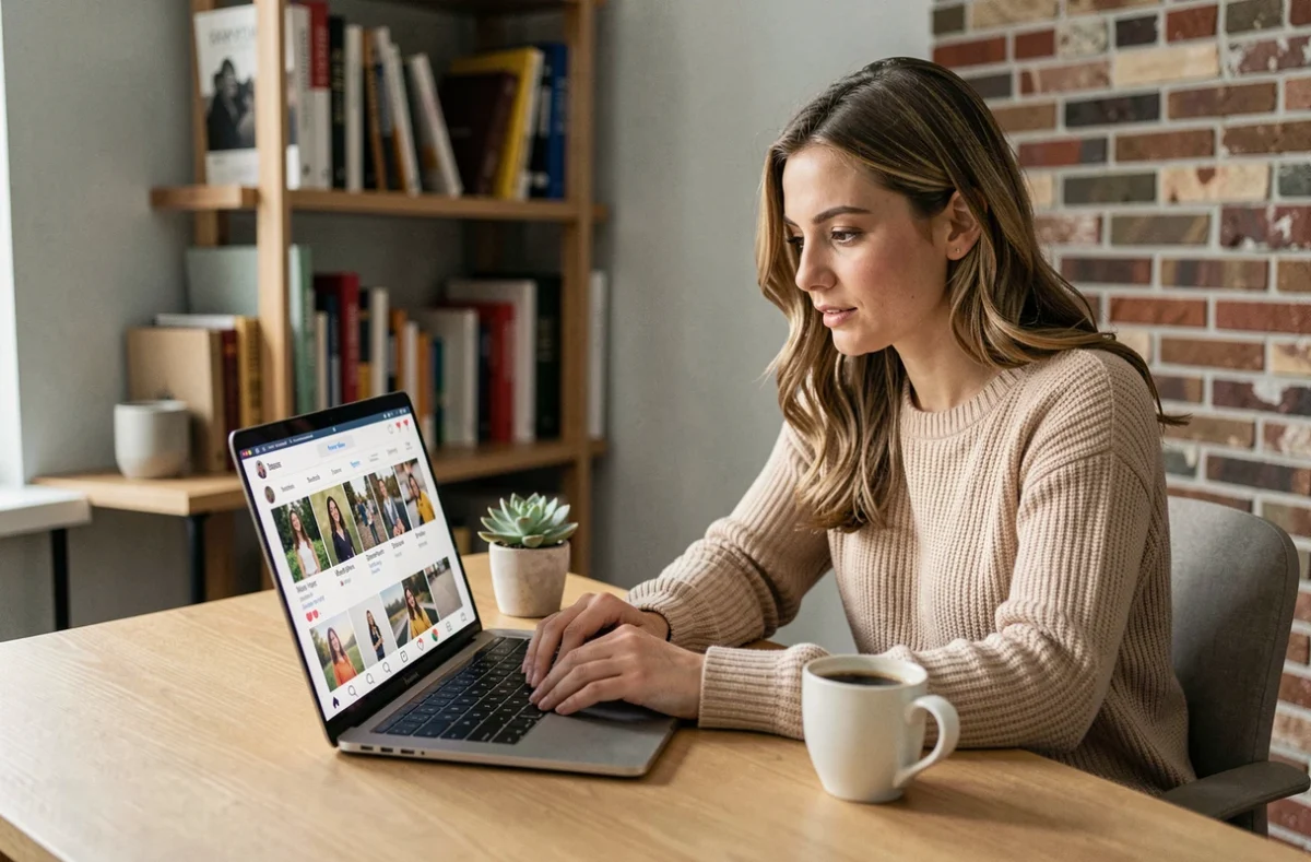 Jeune femme utilisant une application de navigation Instagram sur un ordinateur portable dans un bureau à domicile moderne