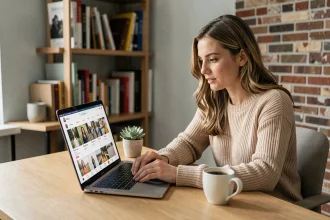 Jeune femme utilisant une application de navigation Instagram sur un ordinateur portable dans un bureau à domicile moderne