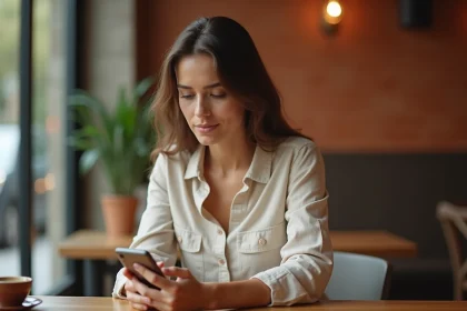 Femme utilisant un assistant IA sur smartphone dans un café moderne