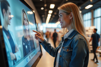 Femme souriante utilisant un assistant virtuel AI sur un kiosque moderne