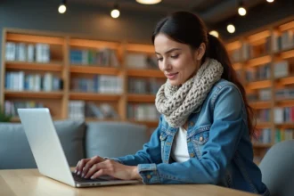 Femme en denim dans une bibliothèque urbaine moderne