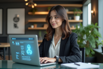 Femme professionnelle utilisant un chatbot sur son ordinateur