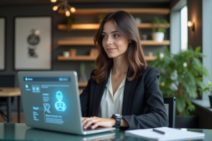 Femme professionnelle utilisant un chatbot sur son ordinateur
