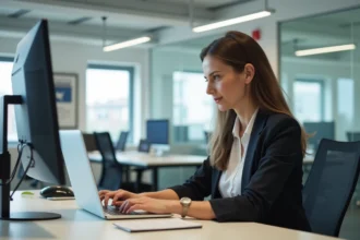 Femme concentrée travaillant sur son ordinateur dans un bureau moderne