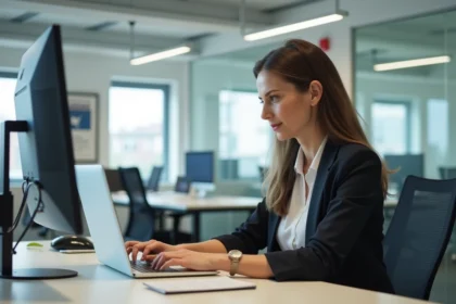 Femme concentrée travaillant sur son ordinateur dans un bureau moderne