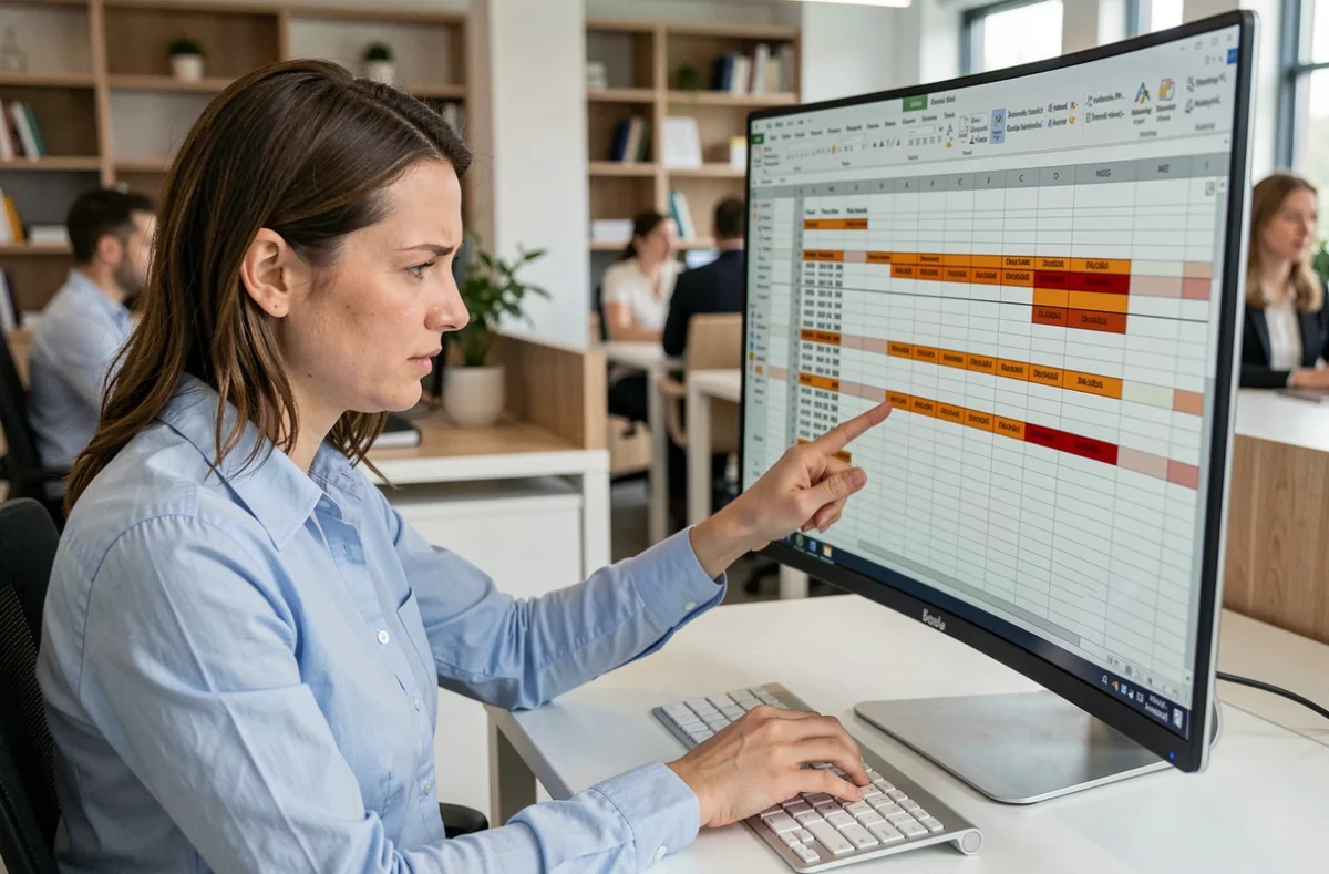 Femme au bureau analysant des doublons dans une feuille Excel sur un grand écran ultrawide