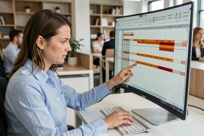 Femme au bureau analysant des doublons dans une feuille Excel sur un grand écran ultrawide