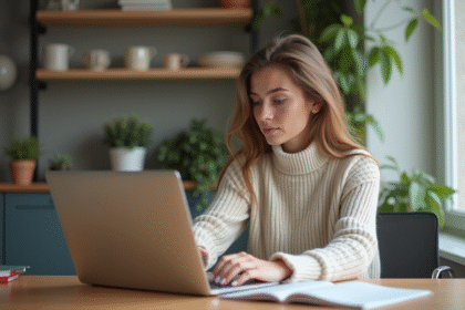 Jeune femme concentrée sur son ordinateur dans un bureau cosy