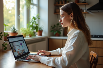 Femme assise à une table de cuisine utilisant un ordinateur portable