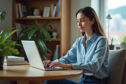 Jeune femme au bureau avec ordinateur portable et plantes