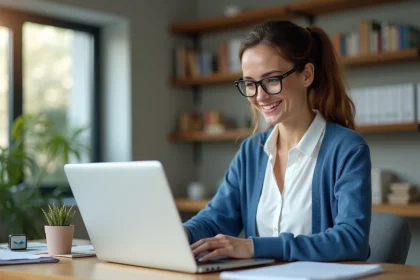 Femme au bureau travaillant sur un ordinateur portable