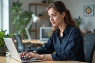 Jeune femme au bureau travaillant sur un ordinateur portable