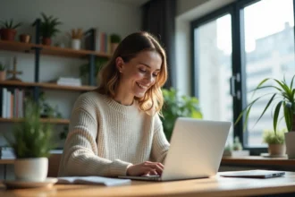 Femme détendue travaillant sur un ordinateur dans un bureau lumineux