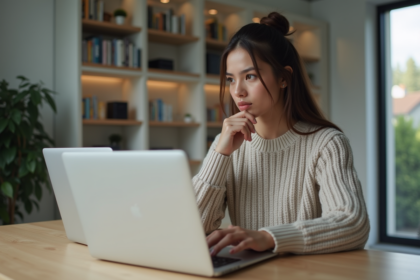 Jeune femme au bureau compare deux ordinateurs portables avec stockage cloud