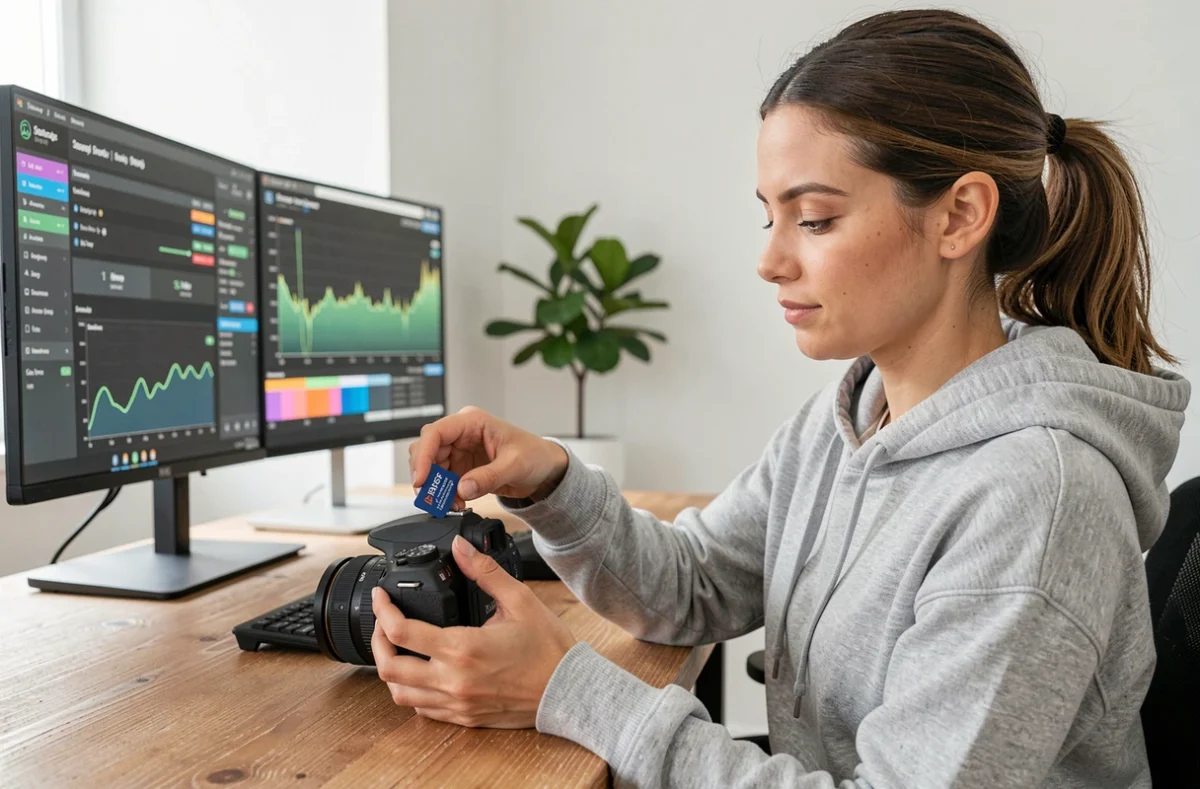 Femme insérant une carte SD dans un appareil photo devant un écran affichant des tests de vitesse de stockage
