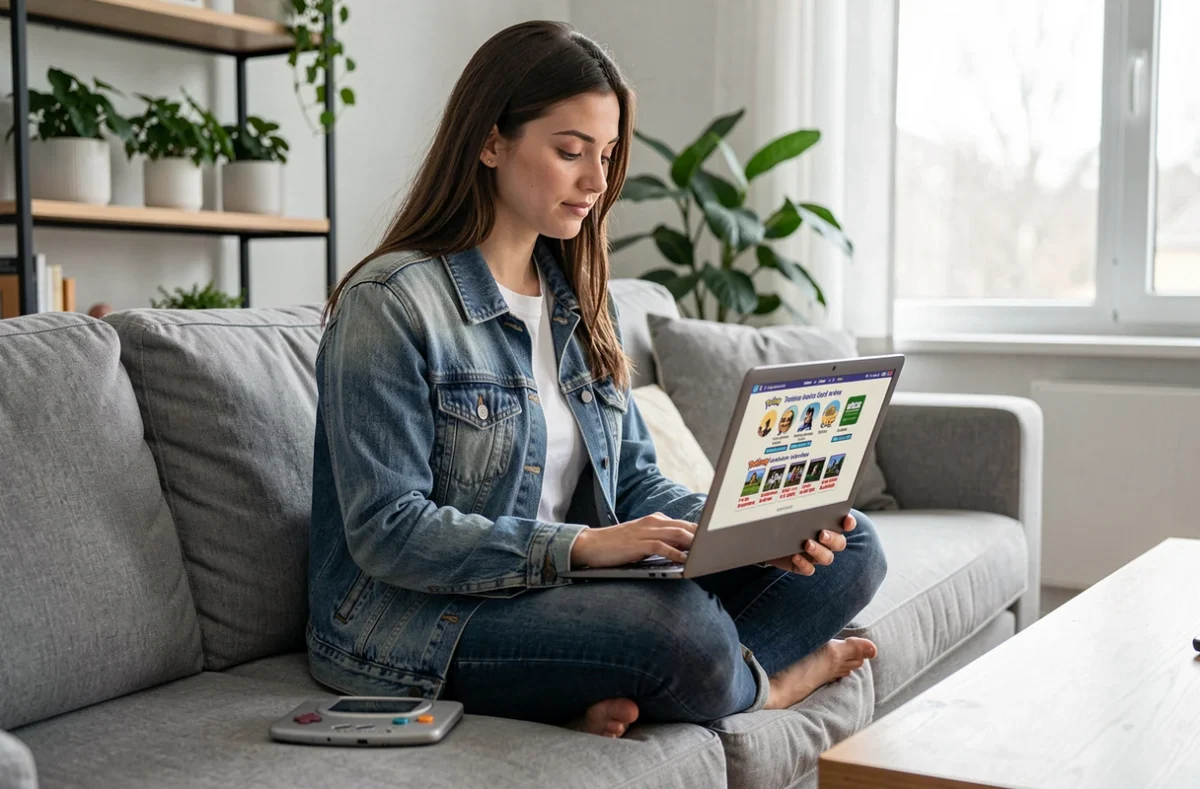 Jeune femme choisissant une ROM Pokémon GBA sur ordinateur portable dans un salon moderne