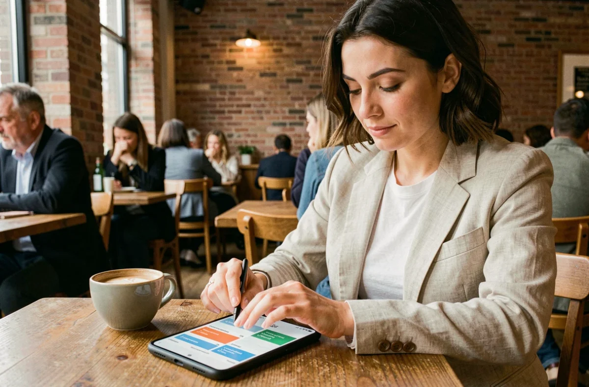 Femme comparant des critères d'achat de smartphone Android dans un café urbain