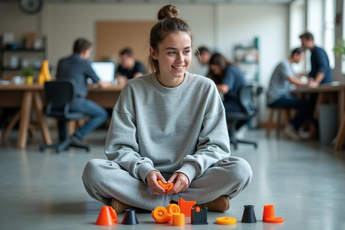 Jeune femme comparant des pièces imprimées en 3D dans un espace de fabrication collaboratif entourée de prototypes colorés