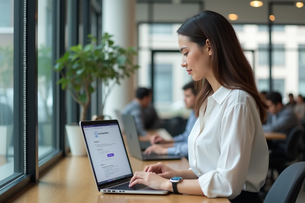 Femme paramétrant la confidentialité d'un second compte Instagram sur ordinateur portable dans un espace de coworking