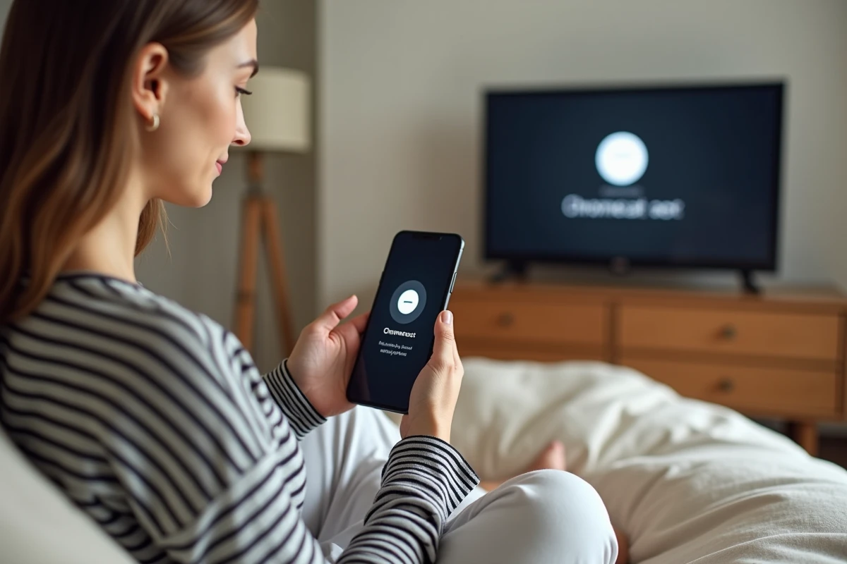 Femme configurant un Chromecast via l'application Google Home sur smartphone dans une chambre moderne