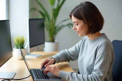 Femme connectant un câble USB B vers USB C à un hub USB C sur un bureau moderne en home office