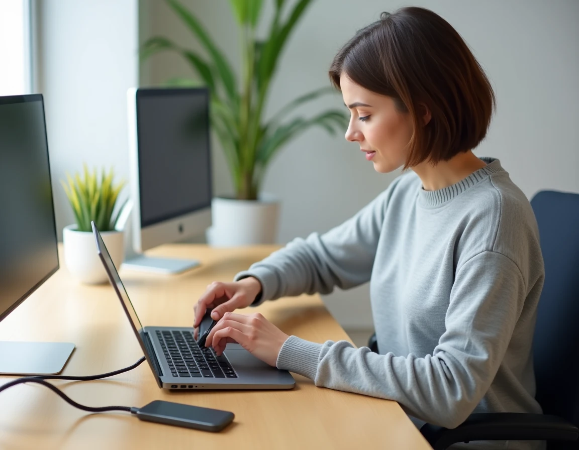 Femme connectant un câble USB B vers USB C à un hub USB C sur un bureau moderne en home office